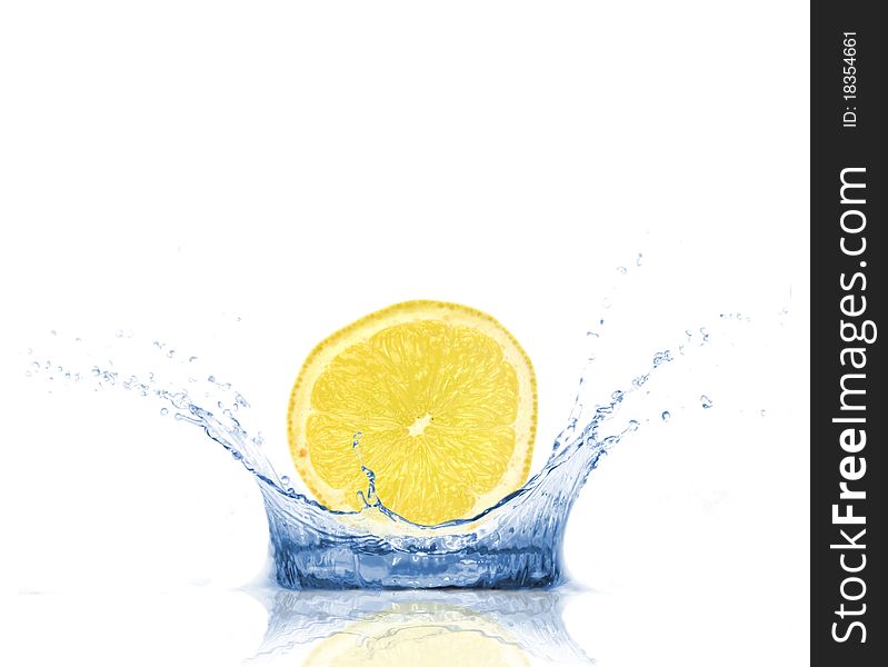 SLice of lemon falling into water, isolated on white background. SLice of lemon falling into water, isolated on white background