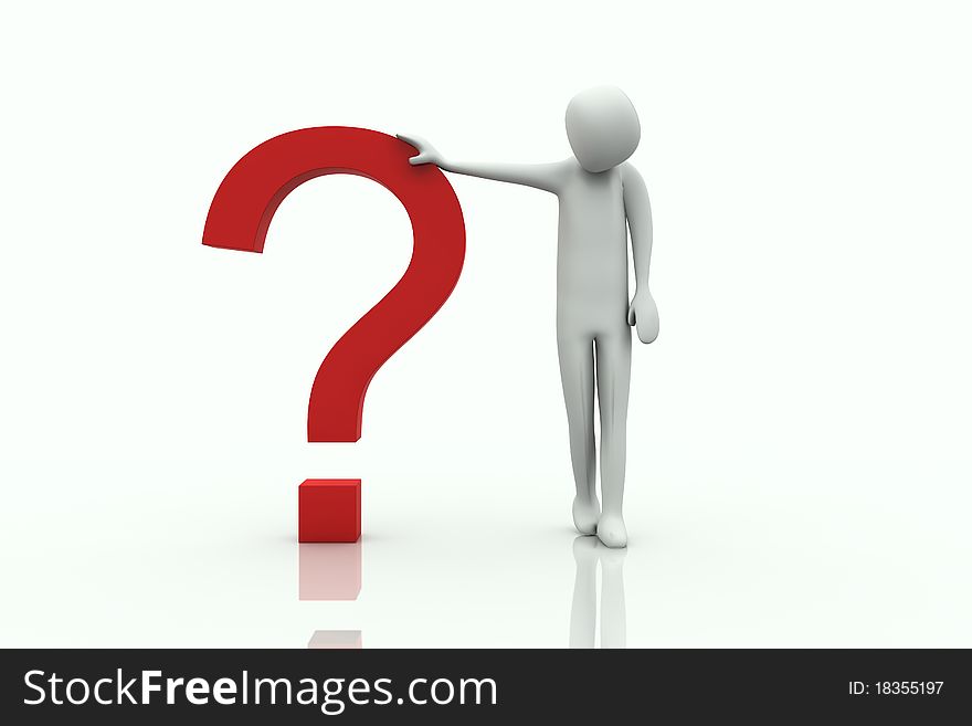 Man supported by a red question mark on white background. Man supported by a red question mark on white background