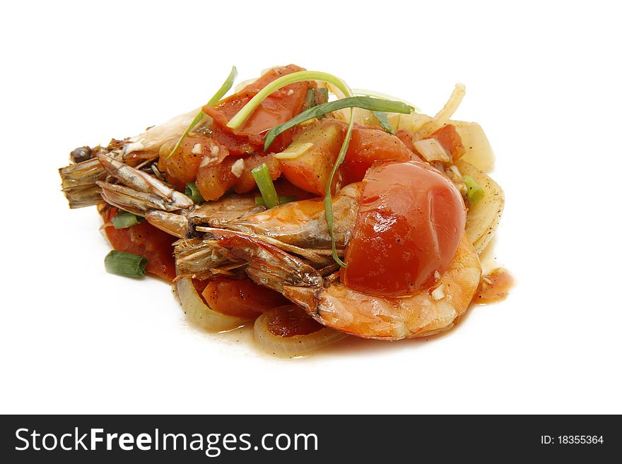 Prawn with tomato sauce and onions