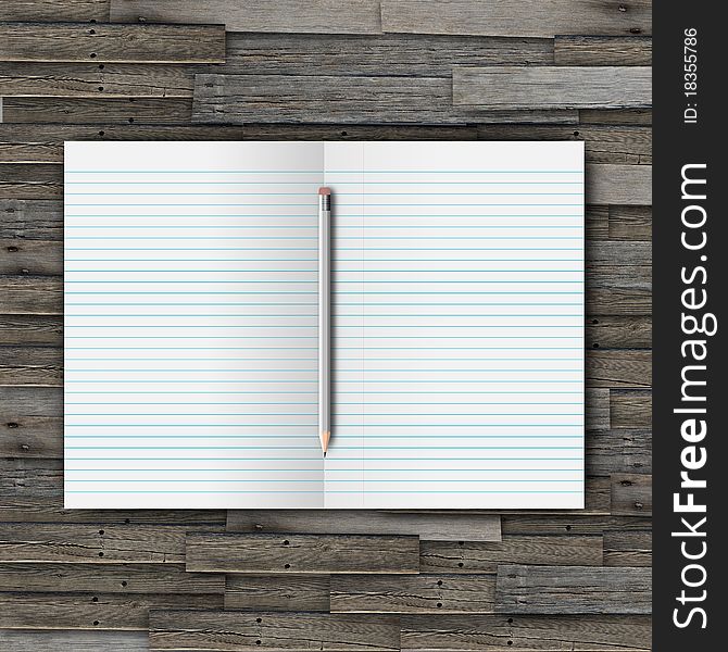White open notebook and pencil on wood background. White open notebook and pencil on wood background