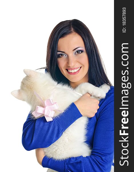 Woman portrait with puppy of siberian haski on white. Woman portrait with puppy of siberian haski on white