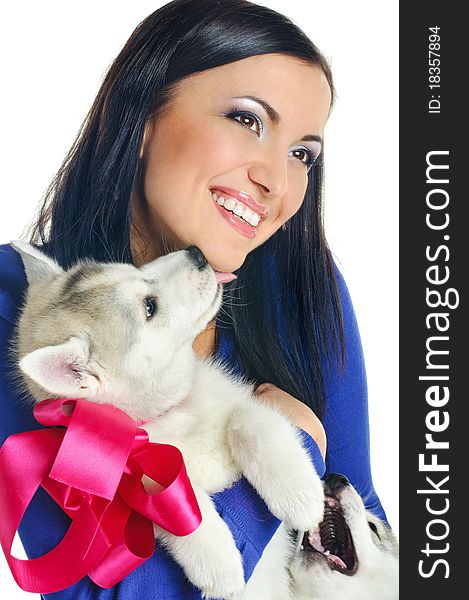 Playing woman with puppy of siberian haski on pink background. Playing woman with puppy of siberian haski on pink background