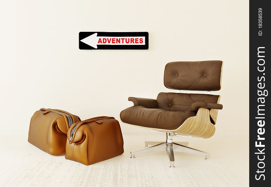 Two brown bags with brown armchair on white