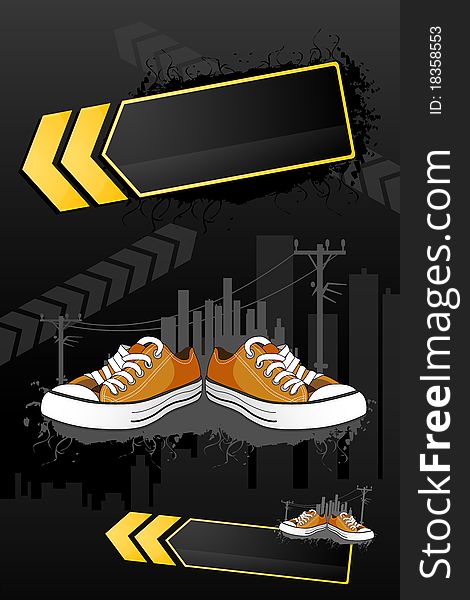 Illustration of shoes  with buildings on abstract background