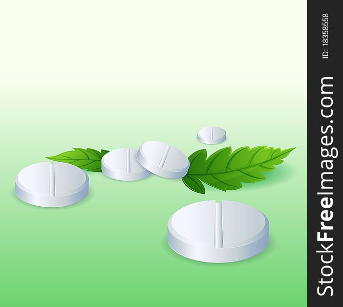 Illustration of pills with leaf on abstract background