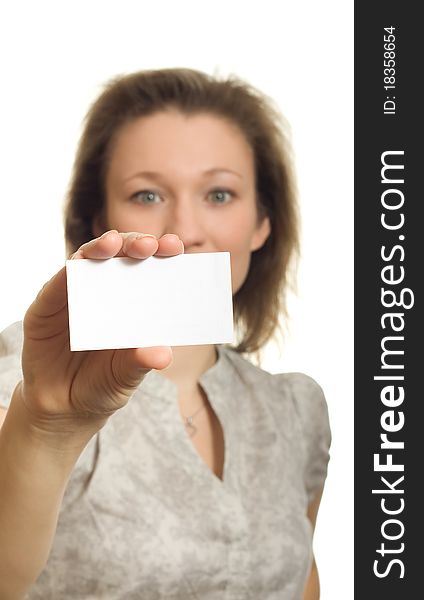 Woman holding blank paper sign / card. Woman holding blank paper sign / card