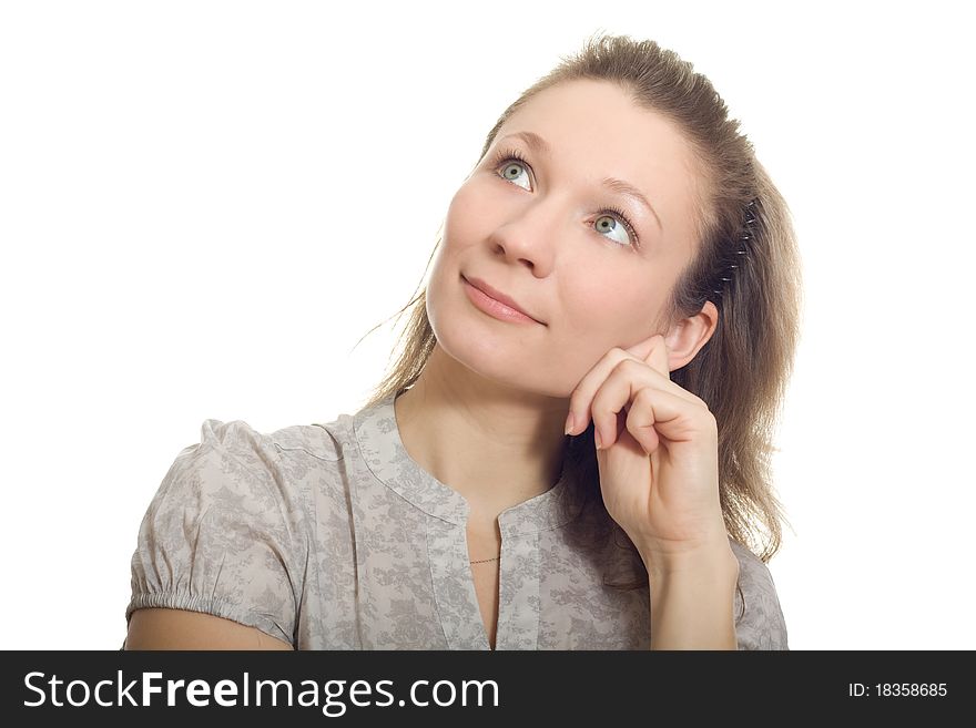 Beautiful smiling woman looking up. Beautiful smiling woman looking up