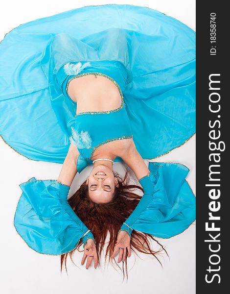 Belly Dancer in a blue stage costume