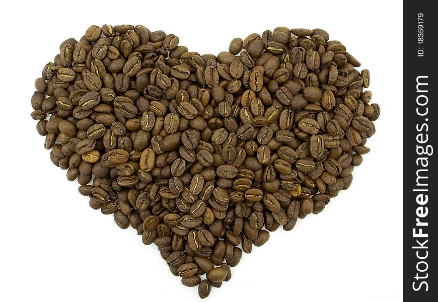 Coffee beans in a form of a heart isolated on white background