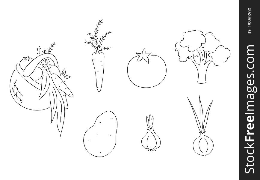 Hand drawn vegetables, uncolored, on white background