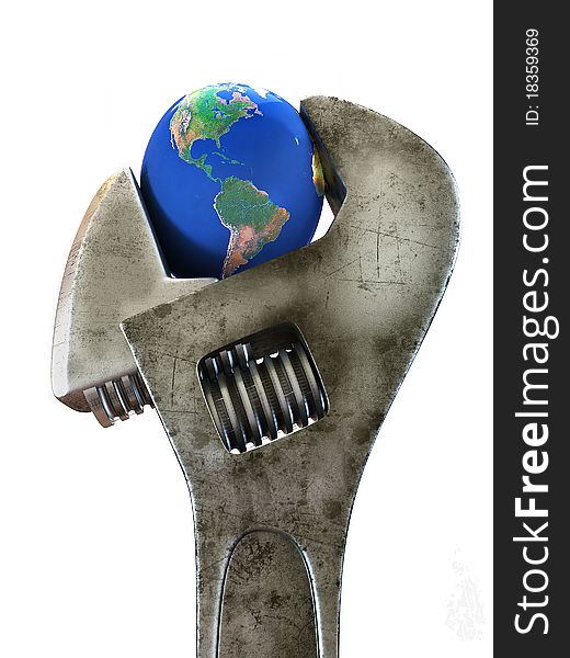 Earth sandwiched wrench isolated on white backgroun. Earth sandwiched wrench isolated on white backgroun