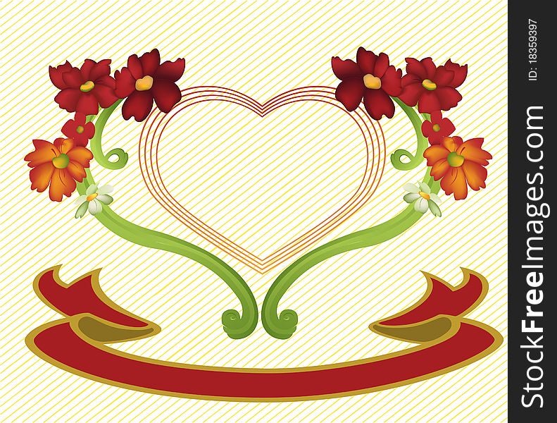 Vector illustraition of elegant floral frame with heart shape and banner