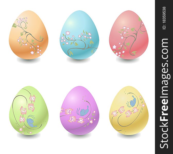 Vector illustration of the different easter eggs decorated with beautiful floral elements.