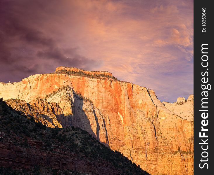 The West Temple Sundial peak at Zion Canyon National Park, Utah.