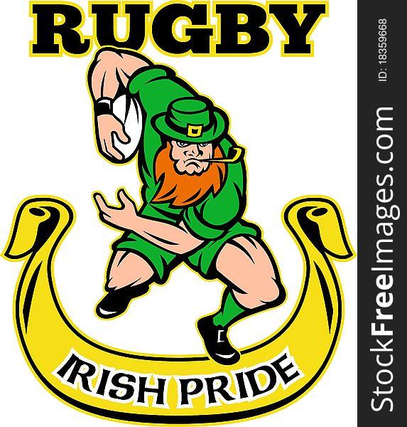 Illustration of a cartoon Irish leprechaun rugby player running with ball wearing hat isolated on white background with scroll and words Irish Pride rugby