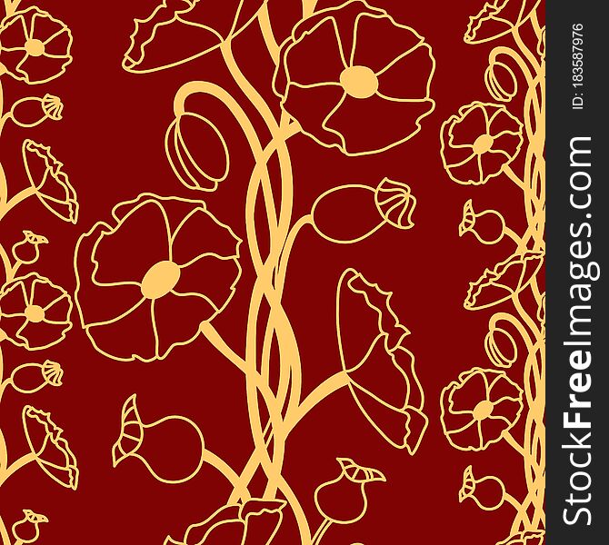 Floral decorative pattern. Maquis. Seamless gold pattern on a red background