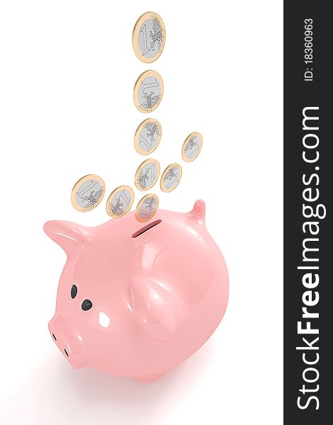 High quality 3d image of an arrow made out of coins pointing towards a piggy bank