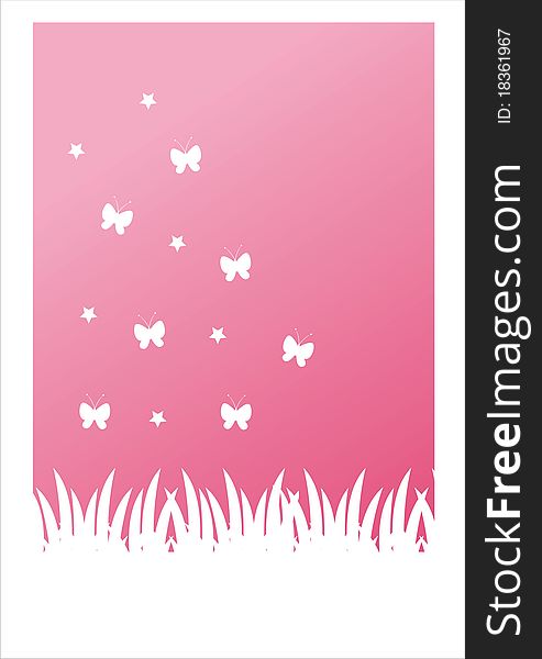 Pink nature background with stars and butterflies