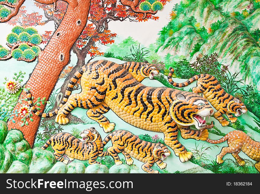 Sculpture Of Tigers In Chinese Temple