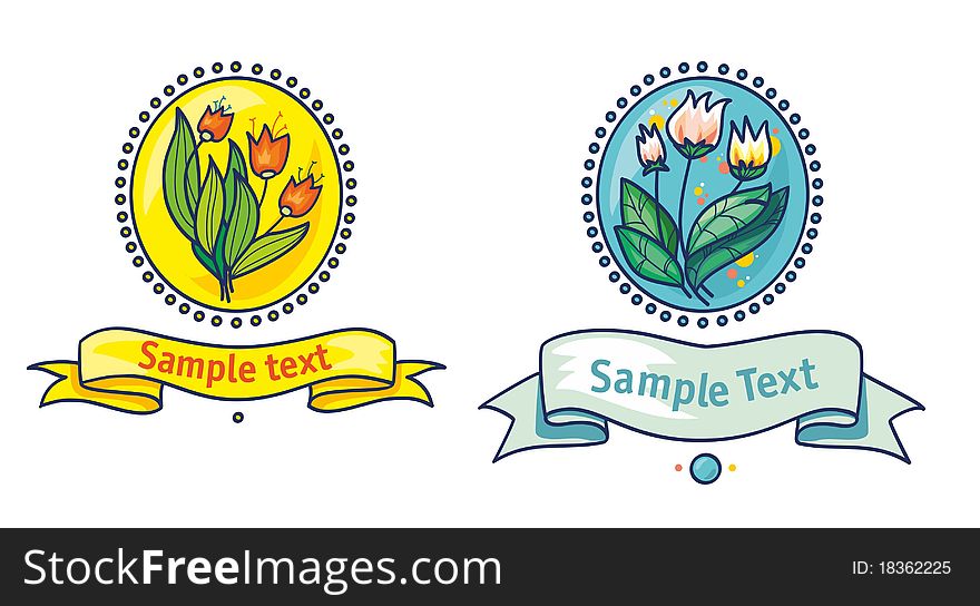 2 bouquet of flowers in oval frames with ribbons for the inscriptions. blue and yellow. tulips. points on the perimeter