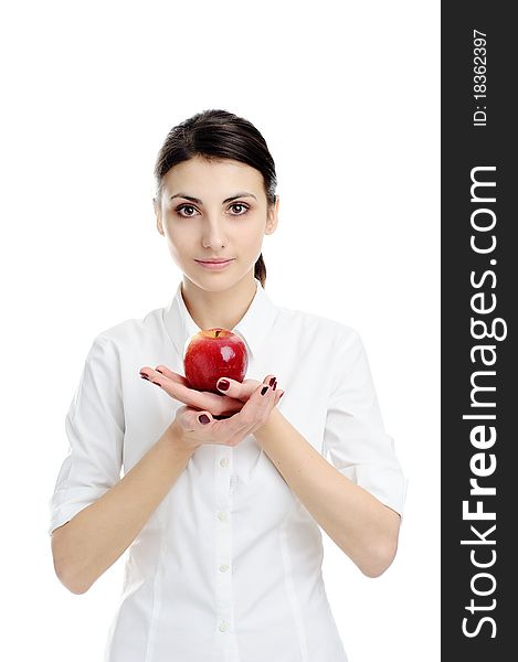 An image of young woman holding red apple. An image of young woman holding red apple