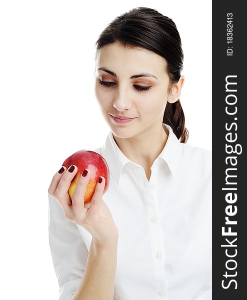 An image of young nice girl holding red apple. An image of young nice girl holding red apple