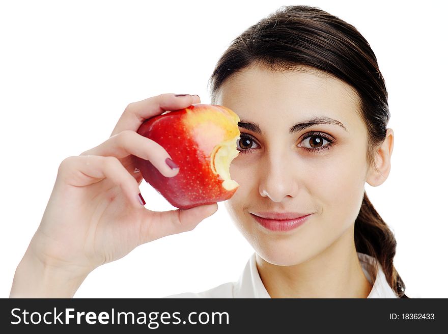 An image of beautiful woman eats an apple. An image of beautiful woman eats an apple