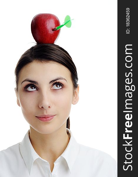 An image of girl with apple on her head. Apple with dart. An image of girl with apple on her head. Apple with dart