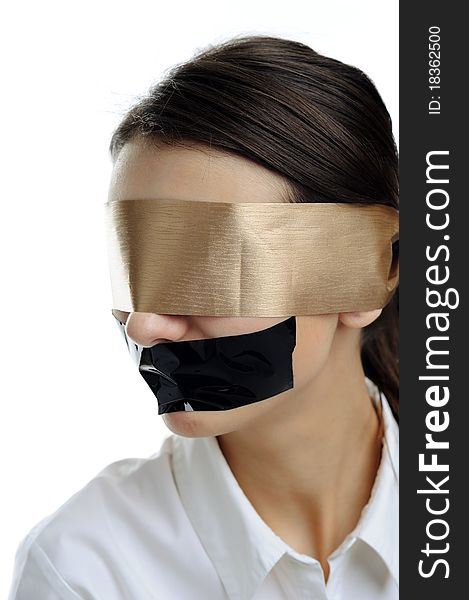 An image of woman in white with a blindfold. An image of woman in white with a blindfold