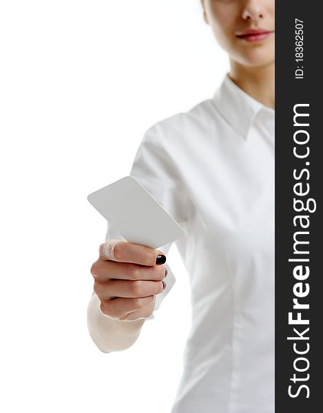 Woman holding businesscard in hand. Focus on card. Woman holding businesscard in hand. Focus on card.