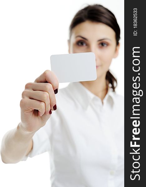 Woman holding businesscard in hand. Focus on card. Woman holding businesscard in hand. Focus on card.