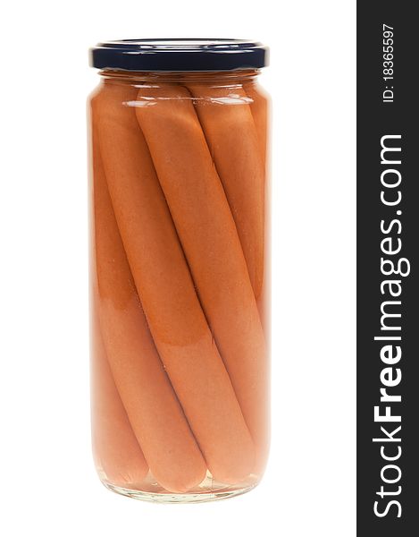 Jar with hot dogs isolated on white background