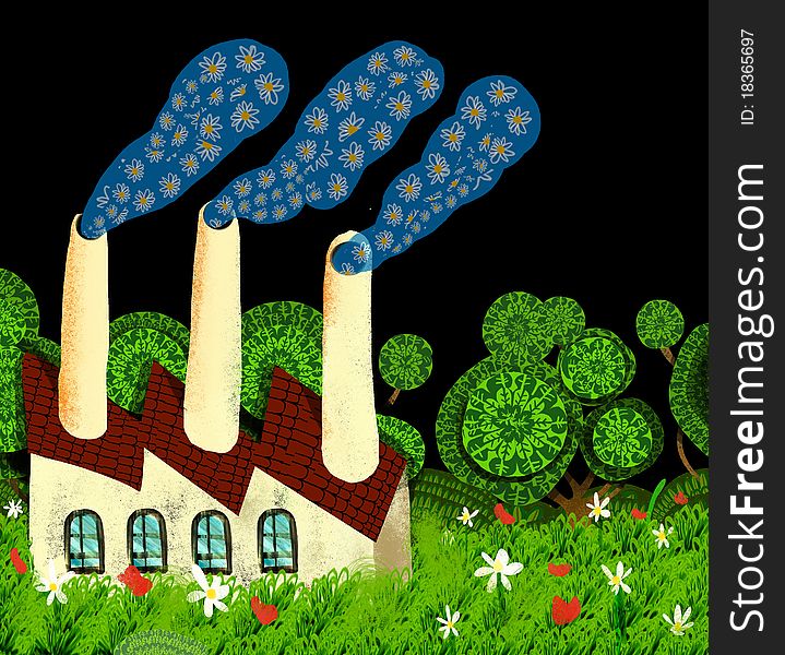Ecological factory expels smoke of flowers for his chimneys