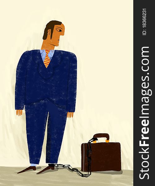 Businessman with a foot chained to a brown suitcase. Businessman with a foot chained to a brown suitcase