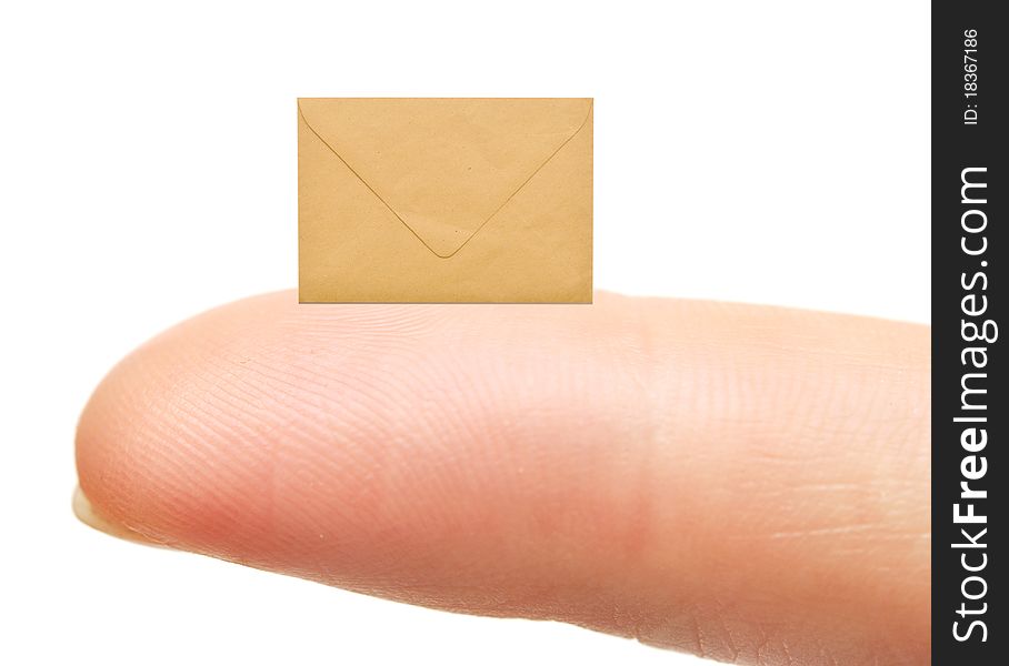 Small empty envelope on woman's finger. Isolated on white