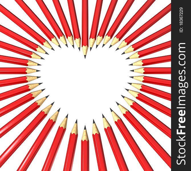 Red lead-pencils tip-to-tip with heart shaped copy-space on white background. Red lead-pencils tip-to-tip with heart shaped copy-space on white background