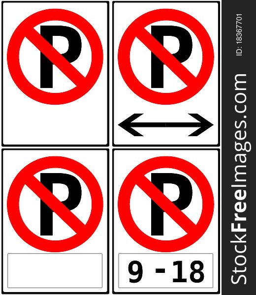 Collection of no parking and parking restriction signs. No parking, no parking limit, no parking time period and no parking with custom message. Collection of no parking and parking restriction signs. No parking, no parking limit, no parking time period and no parking with custom message.