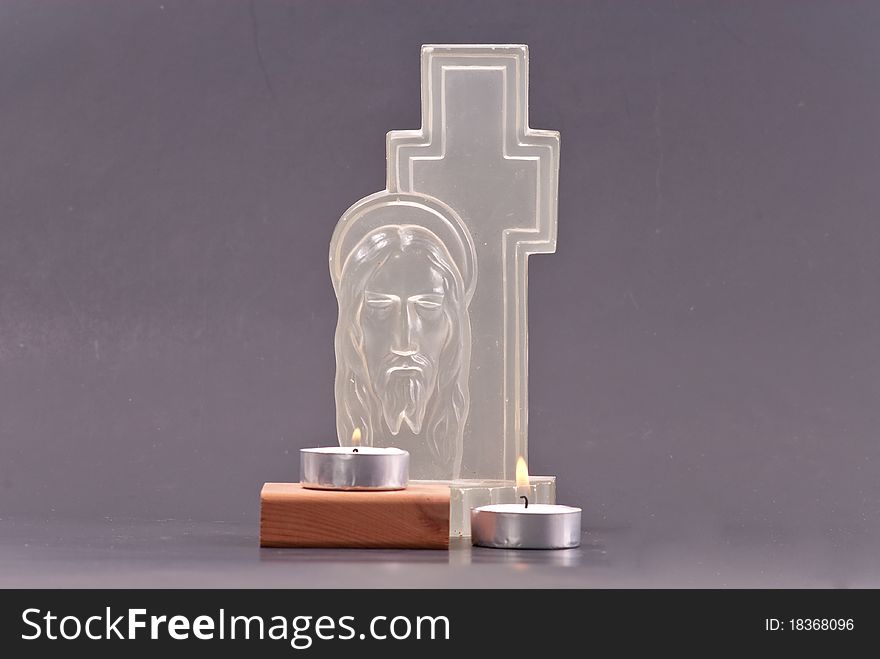 Large Glass Scuplted Jesus Christ Icon with Candles. Large Glass Scuplted Jesus Christ Icon with Candles