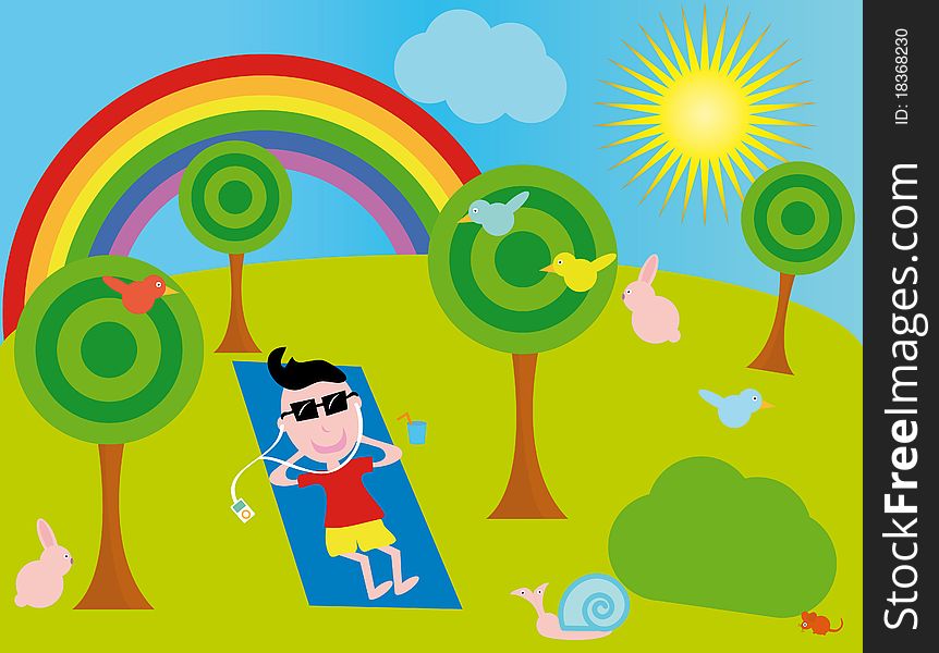 Boy is lying in the garden with the sun overhead. Among the trees and animals under the rainbow. Boy is lying in the garden with the sun overhead. Among the trees and animals under the rainbow.