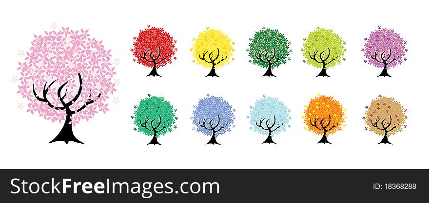 Set of 11 floral trees, symbol of nature. Set of 11 floral trees, symbol of nature