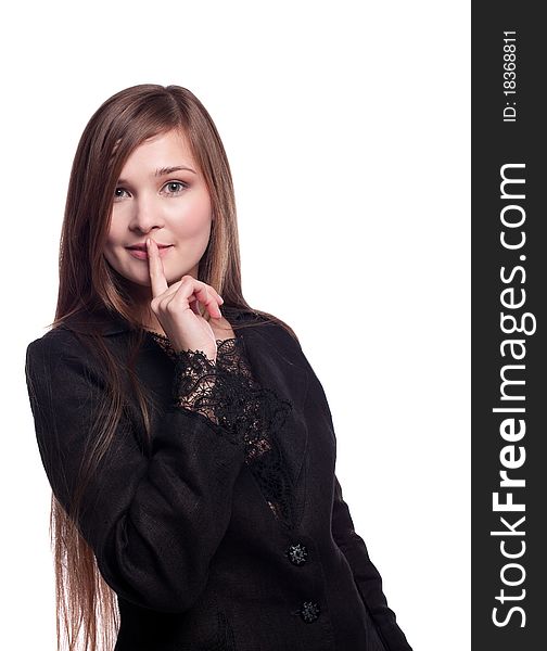 Young Woman In Business Suit - Silence Sign