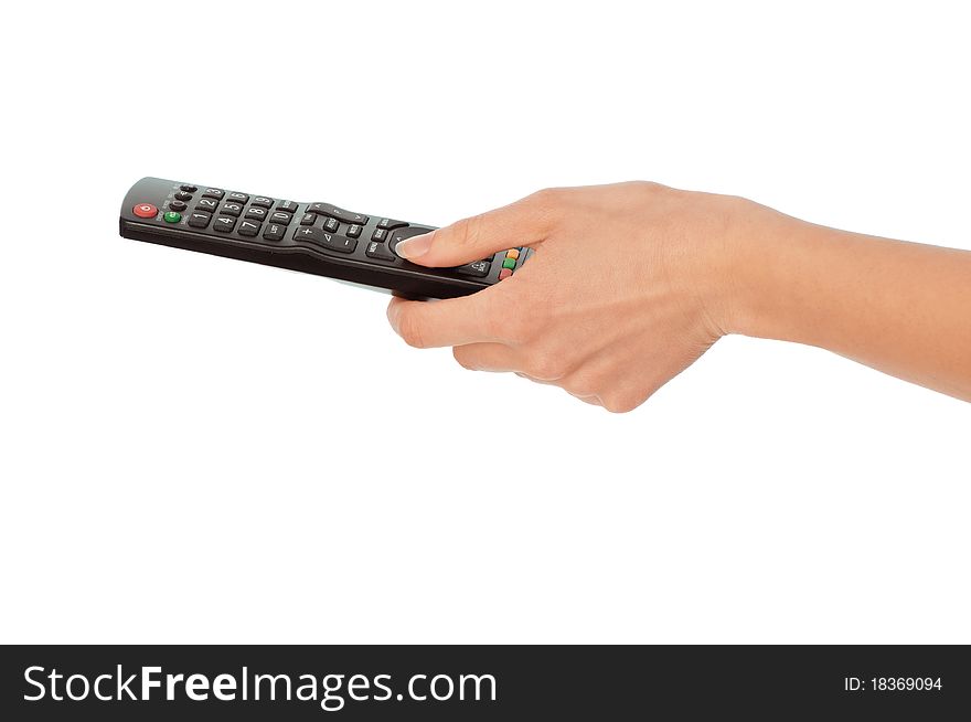 Woman holding a television control panel for selection an interesting channel