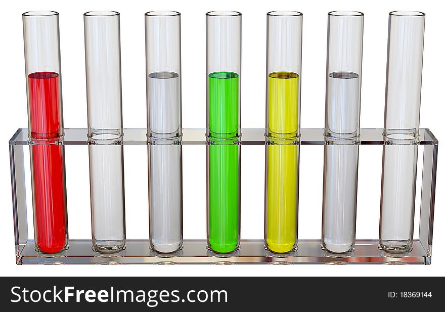 Seven tubes with chemical samples in a laboratory for making tests. Seven tubes with chemical samples in a laboratory for making tests