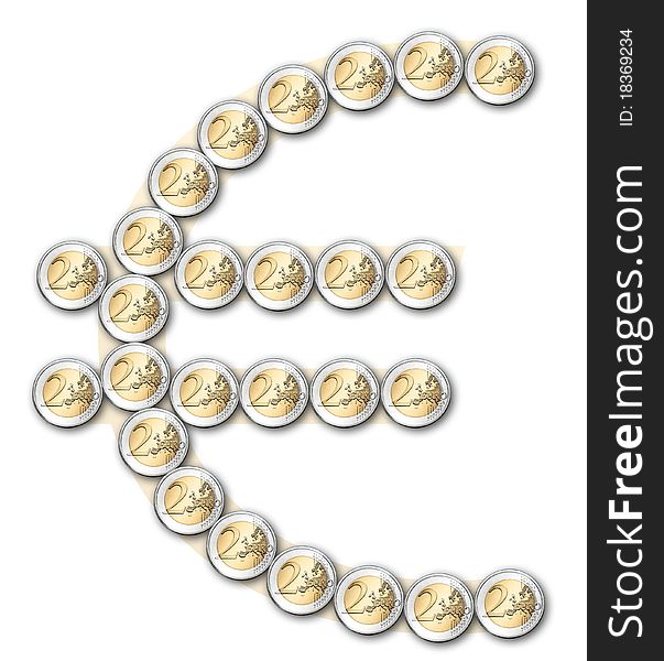 Euro sign made from coins isolated over white