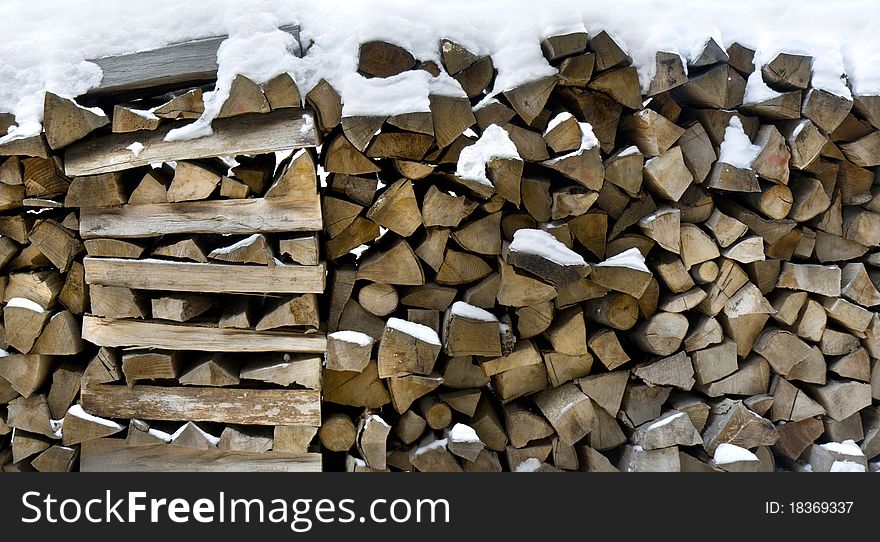 Pile of firewoods in winter ready to be put in fire