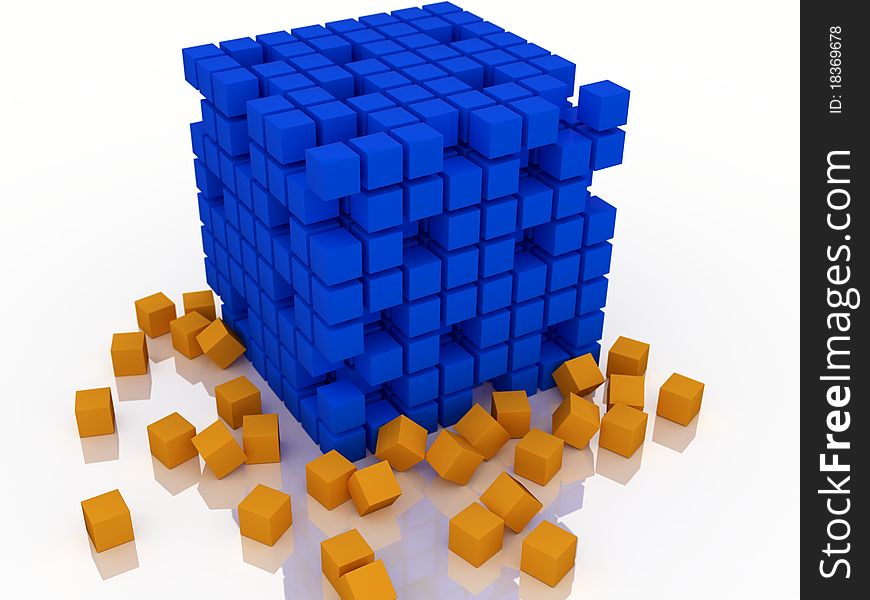 Big blue cube and more little cubes around at ground. Big blue cube and more little cubes around at ground
