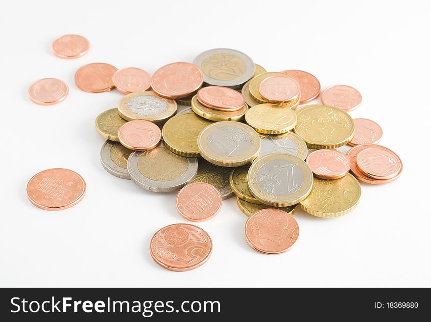 Euro coins heap isolated on white background