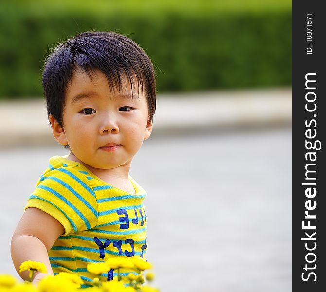 A cute baby is playing in garden