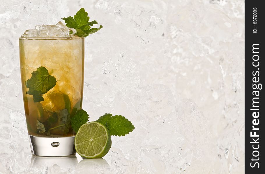 Mojito cocktail with textured ice background. Mojito cocktail with textured ice background