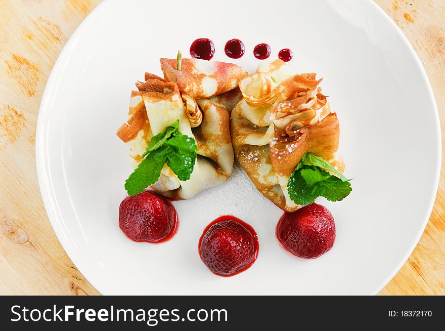 Pancake with curd cheese and fresh strawberries. Pancake with curd cheese and fresh strawberries